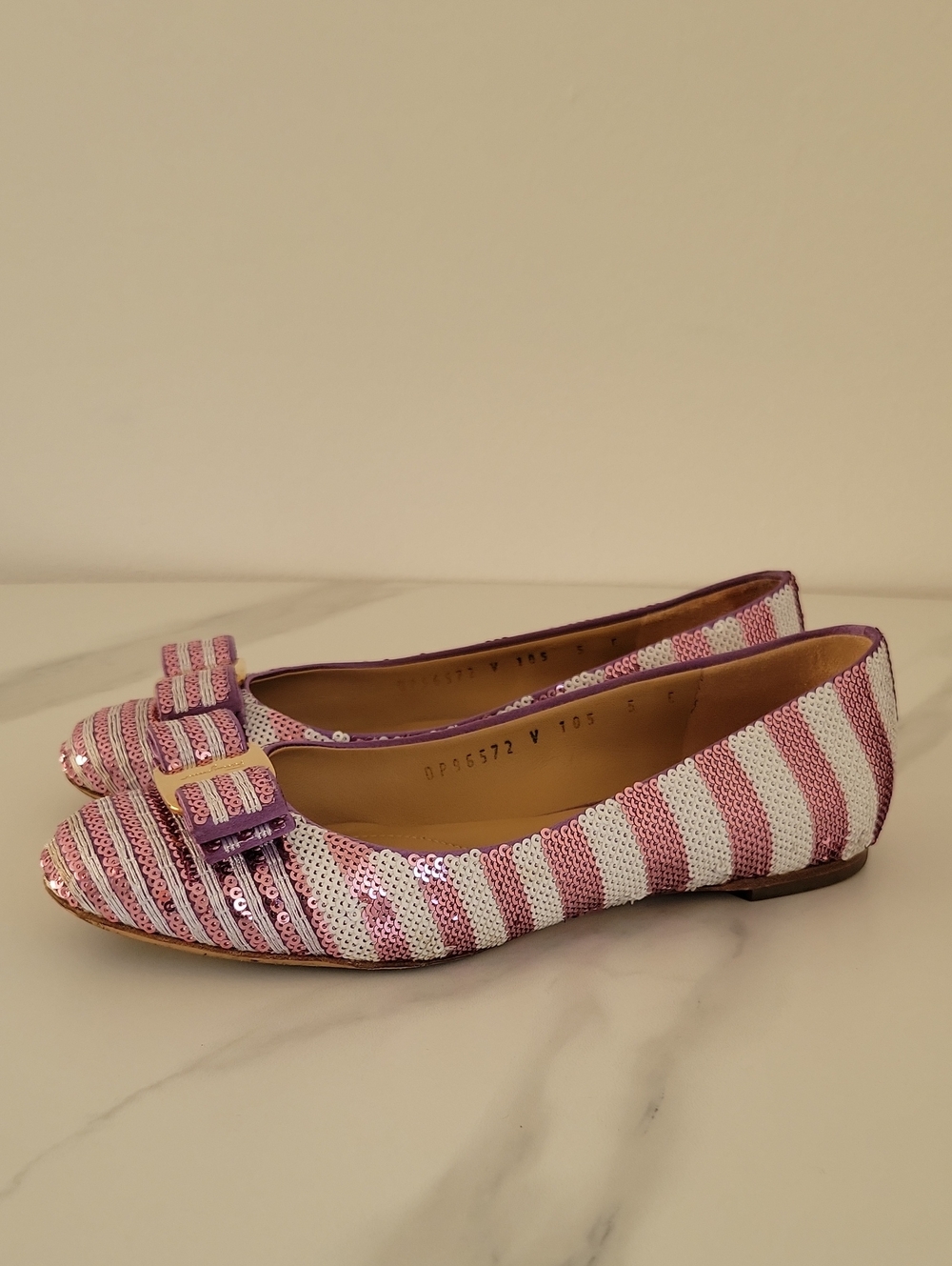 Salvatore Ferragamo Pink & White Sequined Bow Ballet Flats - Picture 2 of 16